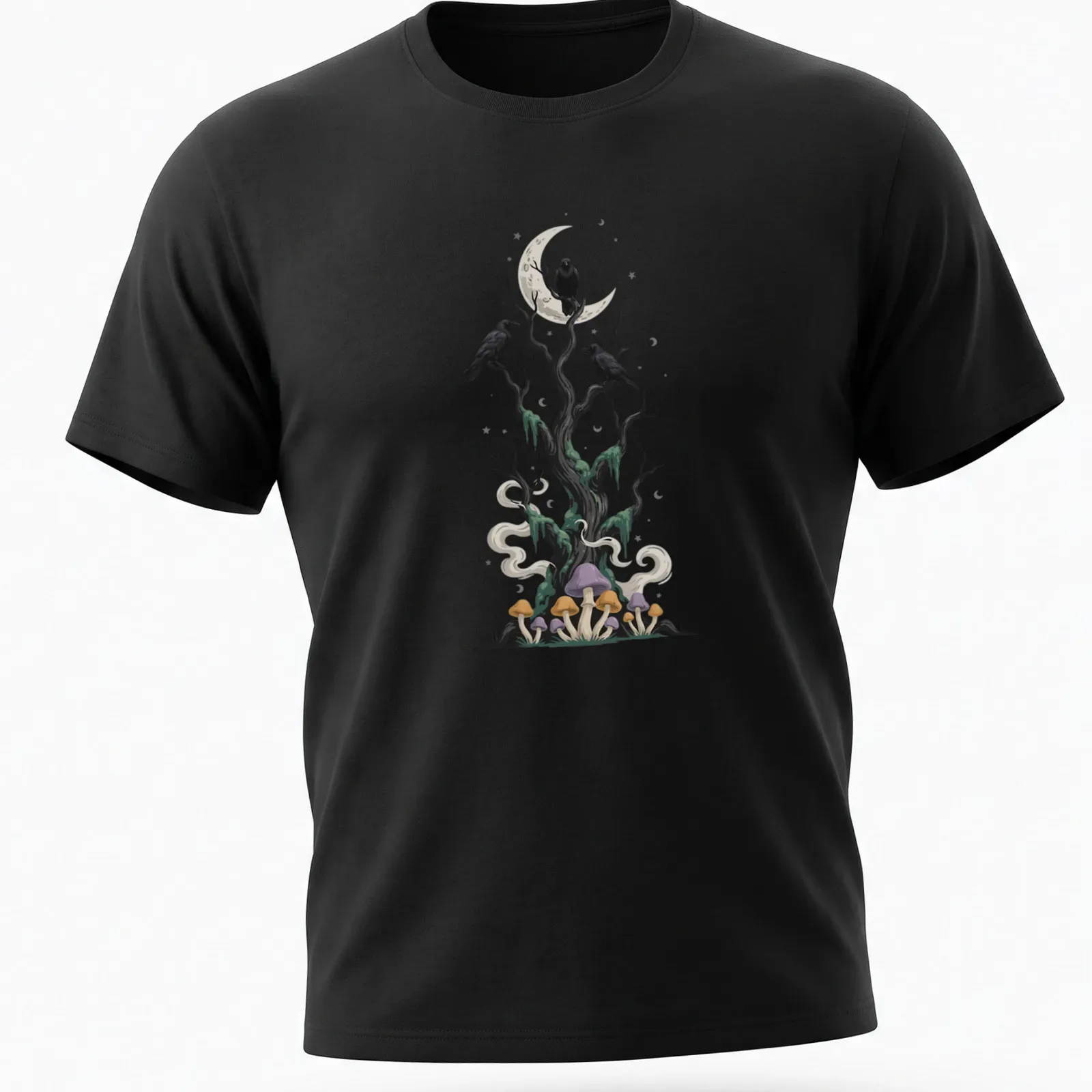 Illustrative design of a tree with crows and mushrooms in various colors — printed on a unisex t-shirt