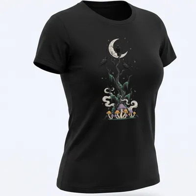 Illustrative design of a tree with crows and mushrooms in various colors — printed on a women's shirt