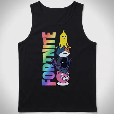Colorful cartoon of stacked Fortnite characters: Peely, Meowscles, Raven, with the word Fortnite above. — printed on a tank top