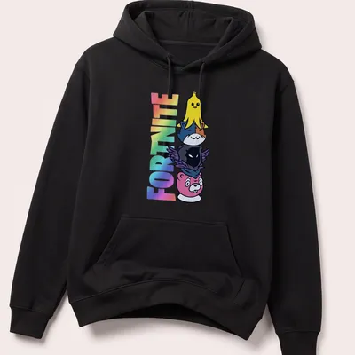 Colorful cartoon of stacked Fortnite characters: Peely, Meowscles, Raven, with the word Fortnite above. — printed on a unisex hoodie