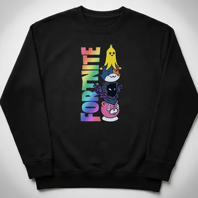 Colorful cartoon of stacked Fortnite characters: Peely, Meowscles, Raven, with the word Fortnite above. — printed on a unisex sweatshirt