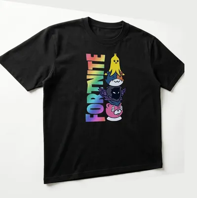 Colorful cartoon of stacked Fortnite characters: Peely, Meowscles, Raven, with the word Fortnite above. — printed on a unisex t-shirt (angled view)