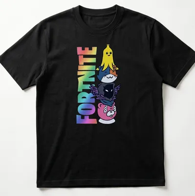 Colorful cartoon of stacked Fortnite characters: Peely, Meowscles, Raven, with the word Fortnite above. — printed on a unisex t-shirt