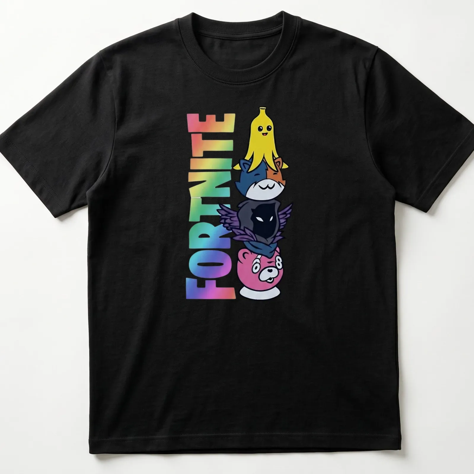Colorful cartoon of stacked Fortnite characters: Peely, Meowscles, Raven, with the word Fortnite above. — printed on a unisex t-shirt