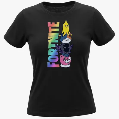 Colorful cartoon of stacked Fortnite characters: Peely, Meowscles, Raven, with the word Fortnite above. — printed on a women's shirt