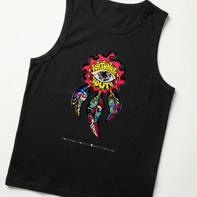 Colorful cartoon eye dreamcatcher with the text Fortunate Youth — printed on a tank top