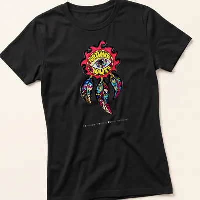 Colorful cartoon eye dreamcatcher with the text Fortunate Youth — printed on a women's shirt
