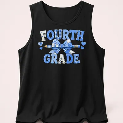 Patchwork design featuring a blue bow and pencil with 'Fourth Grade' text. — printed on a tank top