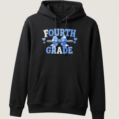 Patchwork design featuring a blue bow and pencil with 'Fourth Grade' text. — printed on a unisex hoodie