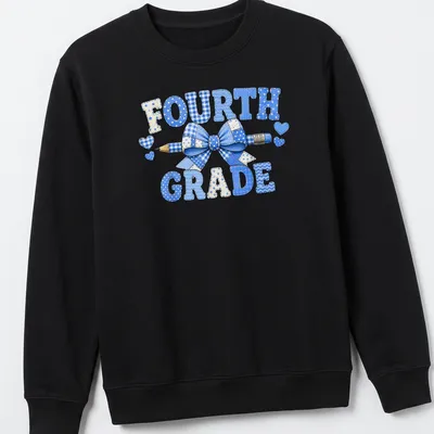 Patchwork design featuring a blue bow and pencil with 'Fourth Grade' text. — printed on a unisex sweatshirt