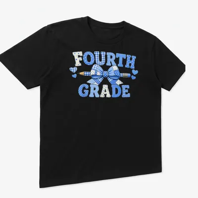 Patchwork design featuring a blue bow and pencil with 'Fourth Grade' text. — printed on a unisex t-shirt (angled view)