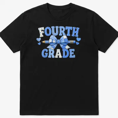 Patchwork design featuring a blue bow and pencil with 'Fourth Grade' text.