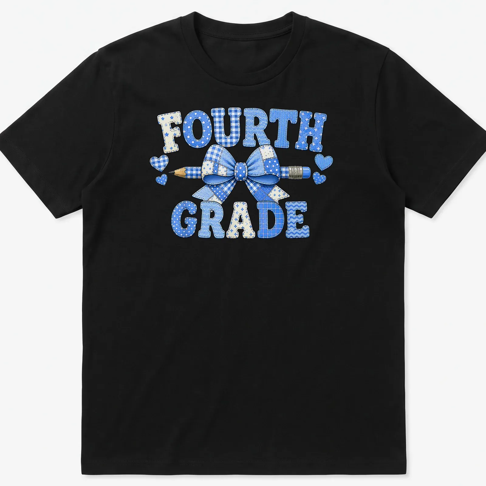 Patchwork design featuring a blue bow and pencil with 'Fourth Grade' text. — printed on a unisex t-shirt