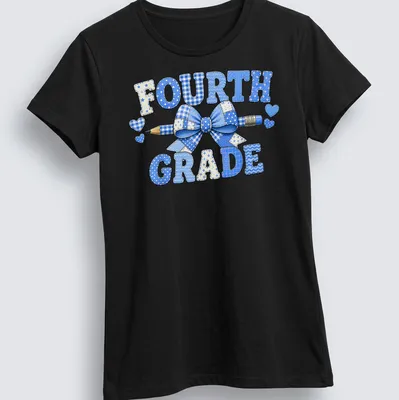 Patchwork design featuring a blue bow and pencil with 'Fourth Grade' text. — printed on a women's shirt