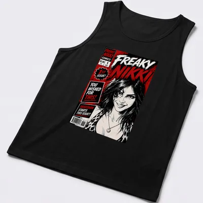 Freaky Nikki shirt with comic-style graphics in black, red, and white — printed on a tank top