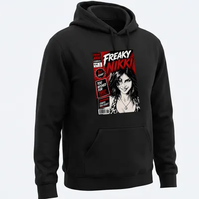 Freaky Nikki shirt with comic-style graphics in black, red, and white — printed on a unisex hoodie