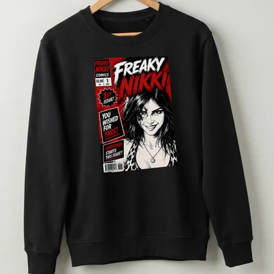 Freaky Nikki shirt with comic-style graphics in black, red, and white — printed on a unisex sweatshirt