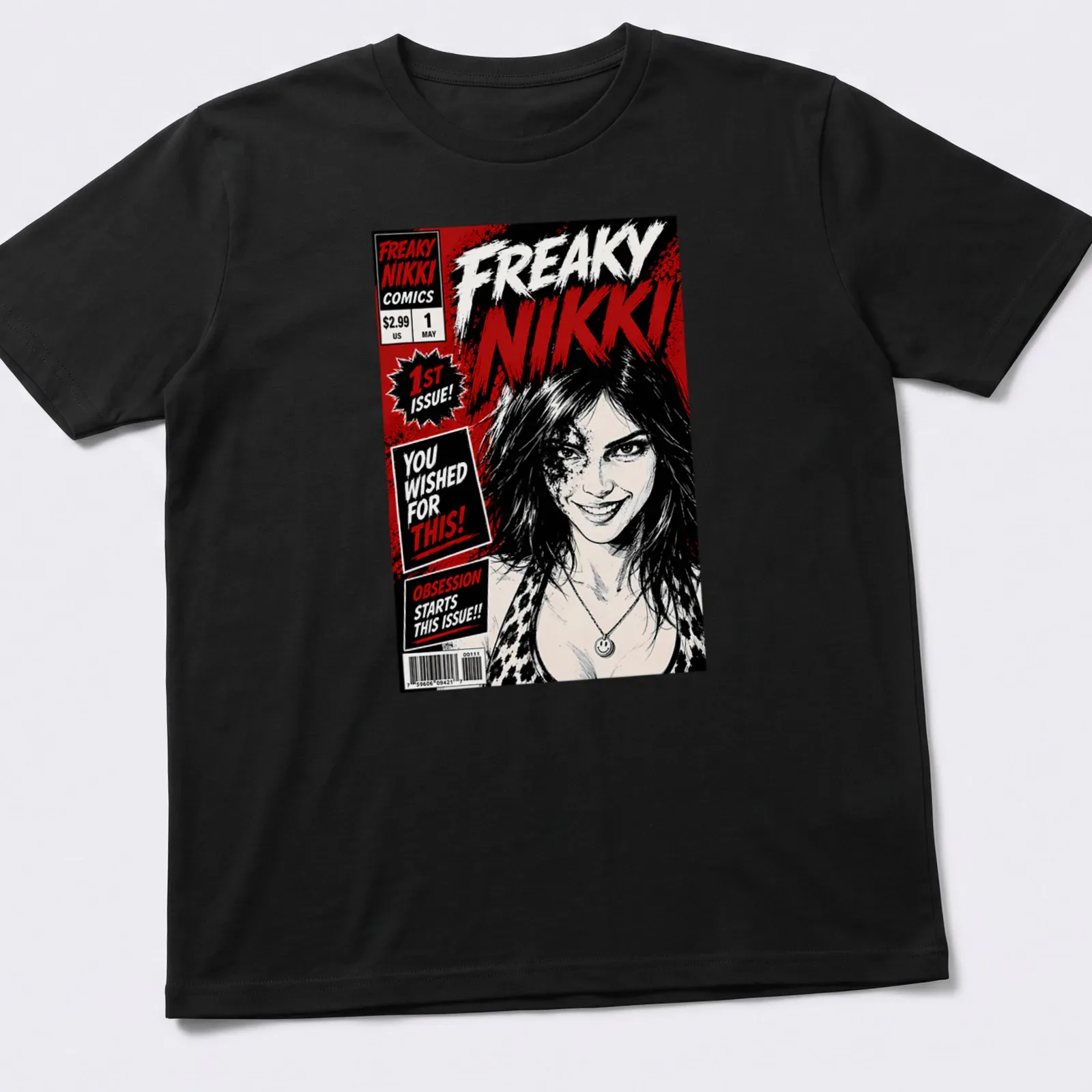 Freaky Nikki shirt with comic-style graphics in black, red, and white — printed on a unisex t-shirt