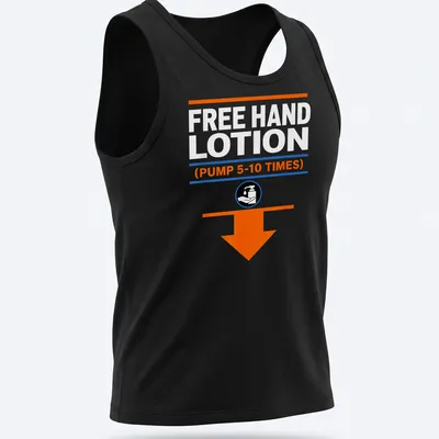 Bold graphic tee featuring a humorous hand lotion pump design. — printed on a tank top