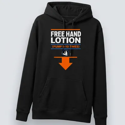 Bold graphic tee featuring a humorous hand lotion pump design. — printed on a unisex hoodie