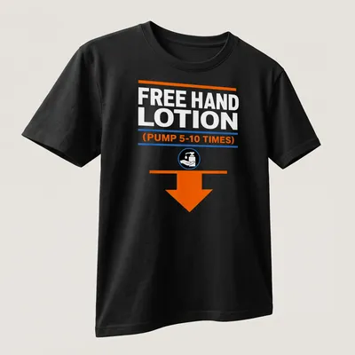 Bold graphic tee featuring a humorous hand lotion pump design. — printed on a unisex t-shirt (angled view)