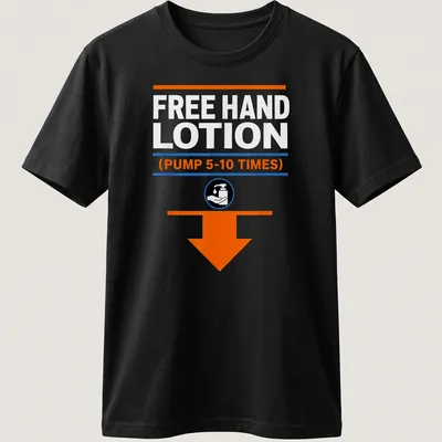 Bold graphic tee featuring a humorous hand lotion pump design.