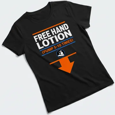 Bold graphic tee featuring a humorous hand lotion pump design. — printed on a women's shirt