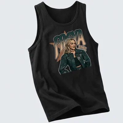 Retro fashion t-shirt featuring a female figure in a jacket with bold lettering — printed on a tank top