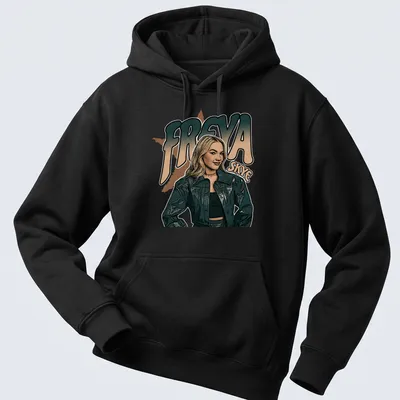 Retro fashion t-shirt featuring a female figure in a jacket with bold lettering — printed on a unisex hoodie