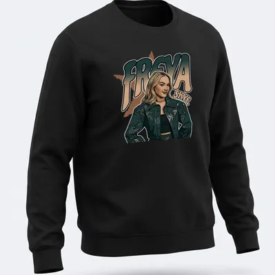Retro fashion t-shirt featuring a female figure in a jacket with bold lettering — printed on a unisex sweatshirt