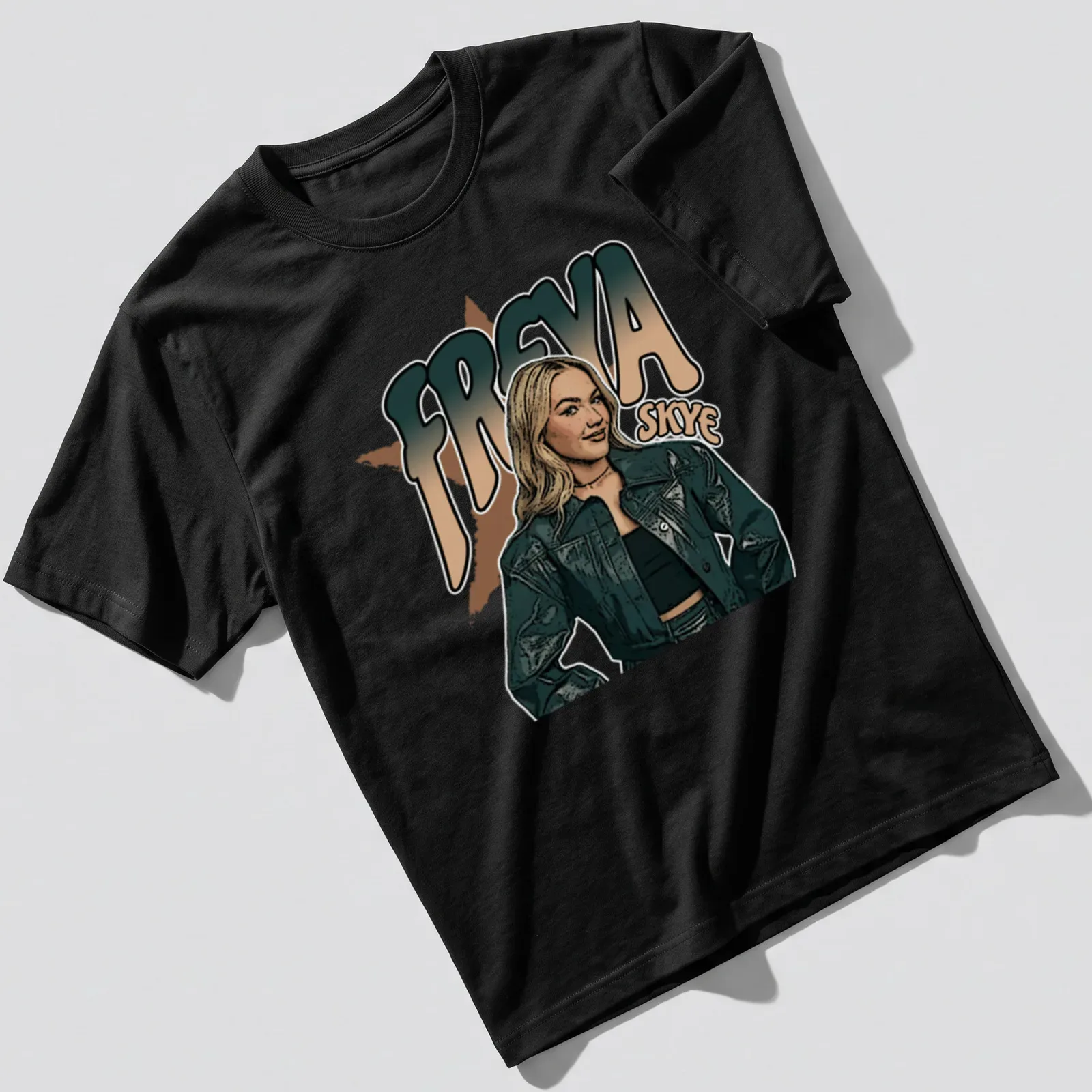 Retro fashion t-shirt featuring a female figure in a jacket with bold lettering — printed on a unisex t-shirt