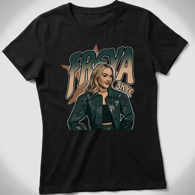 Retro fashion t-shirt featuring a female figure in a jacket with bold lettering — printed on a women's shirt