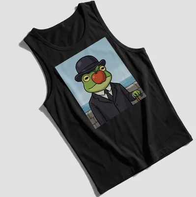 Cartoon frog in a suit holding a red apple with vibrant colors — printed on a tank top