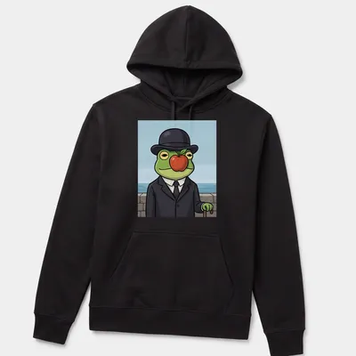 Cartoon frog in a suit holding a red apple with vibrant colors — printed on a unisex hoodie