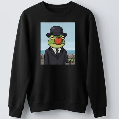 Cartoon frog in a suit holding a red apple with vibrant colors — printed on a unisex sweatshirt