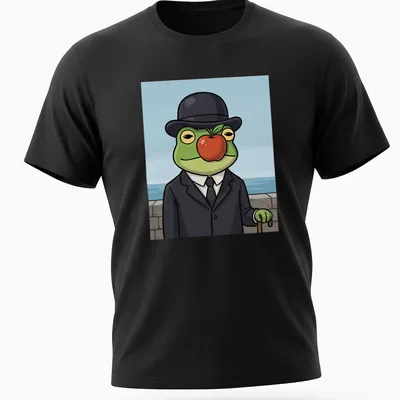 Cartoon frog in a suit holding a red apple with vibrant colors