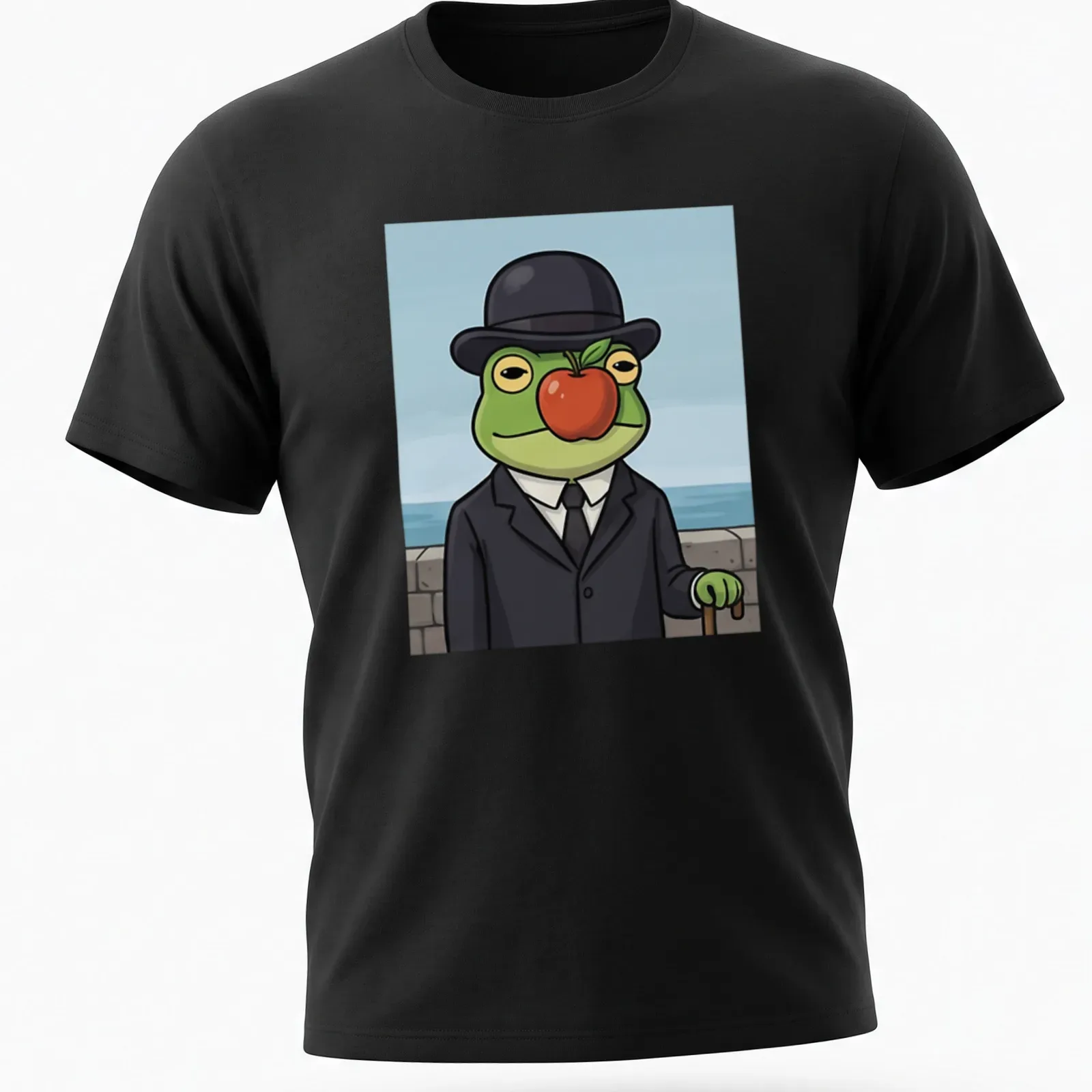 Cartoon frog in a suit holding a red apple with vibrant colors — printed on a unisex t-shirt