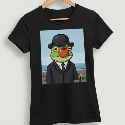 Cartoon frog in a suit holding a red apple with vibrant colors — printed on a women's shirt