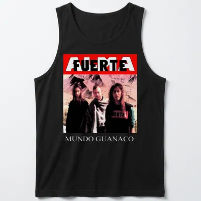Vintage style t-shirt featuring three people and the text FUERTE MUNDO GUANACO — printed on a tank top