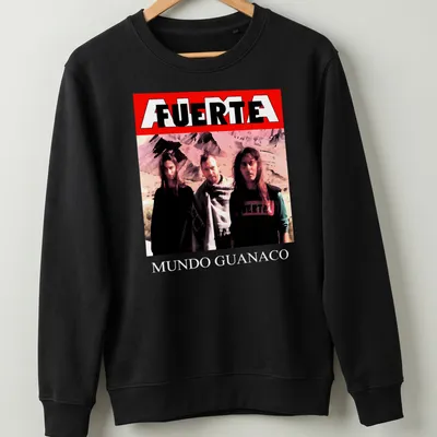 Vintage style t-shirt featuring three people and the text FUERTE MUNDO GUANACO — printed on a unisex sweatshirt