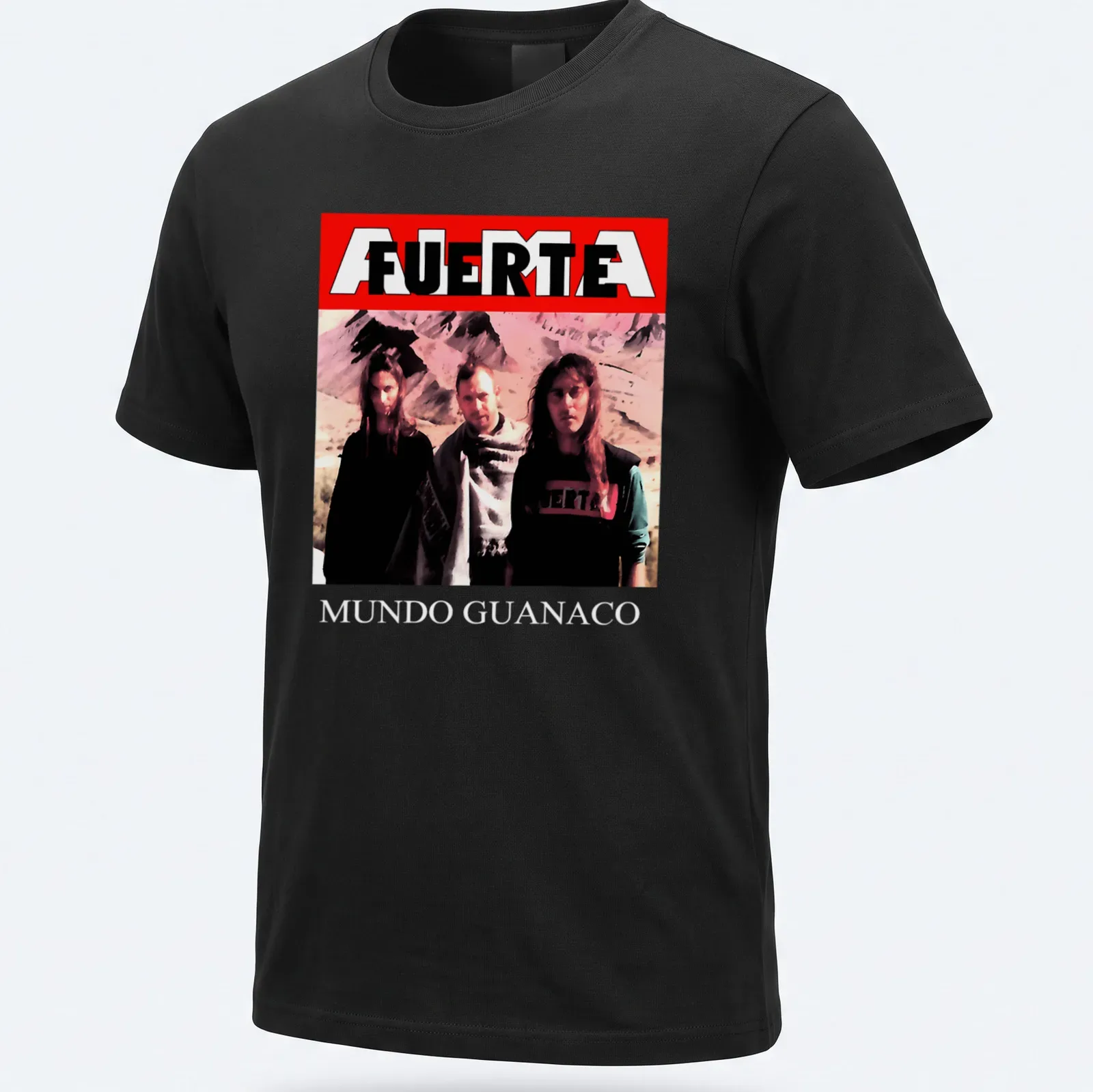 Vintage style t-shirt featuring three people and the text FUERTE MUNDO GUANACO — printed on a unisex t-shirt
