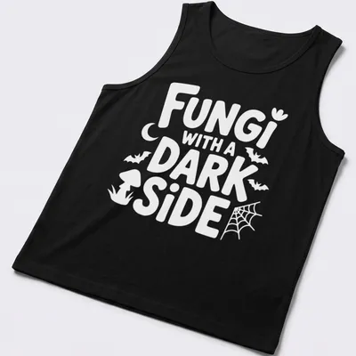 Gothic typography and mushroom illustrations on a dark aesthetic tee. — printed on a tank top