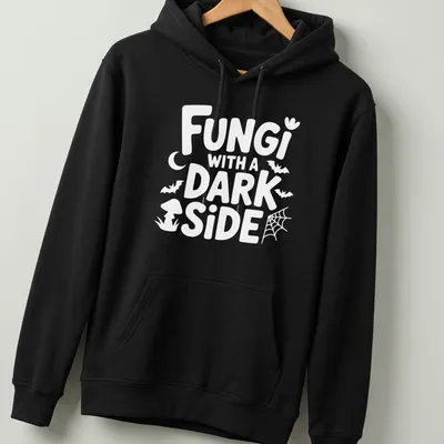 Gothic typography and mushroom illustrations on a dark aesthetic tee. — printed on a unisex hoodie