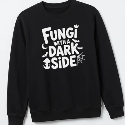 Gothic typography and mushroom illustrations on a dark aesthetic tee. — printed on a unisex sweatshirt