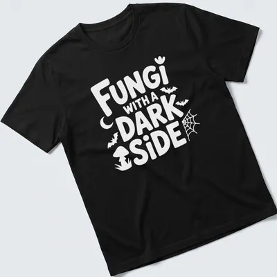 Gothic typography and mushroom illustrations on a dark aesthetic tee. — printed on a unisex t-shirt