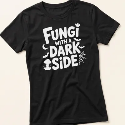Gothic typography and mushroom illustrations on a dark aesthetic tee. — printed on a women's shirt