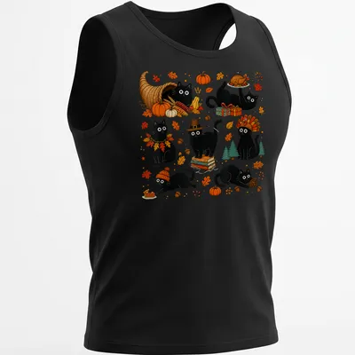 Cute kawaii black cats celebrating Thanksgiving with autumn elements — printed on a tank top