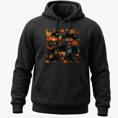 Cute kawaii black cats celebrating Thanksgiving with autumn elements — printed on a unisex hoodie