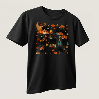Cute kawaii black cats celebrating Thanksgiving with autumn elements — printed on a unisex t-shirt (angled view)