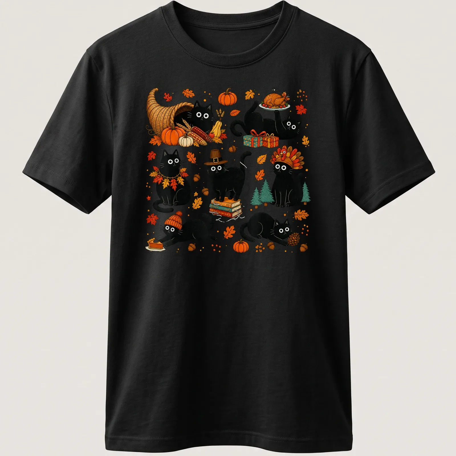 Cute kawaii black cats celebrating Thanksgiving with autumn elements — printed on a unisex t-shirt